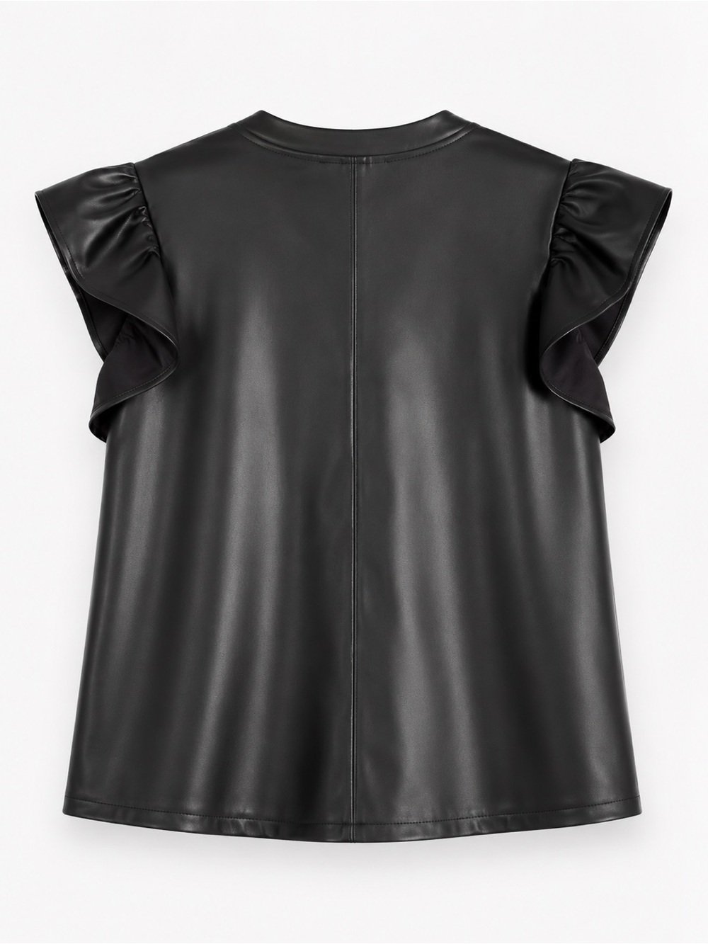THML Black Faux Leather Flutter Sleeve Top Vegan Leather Blouse Large - Picture 4 of 6